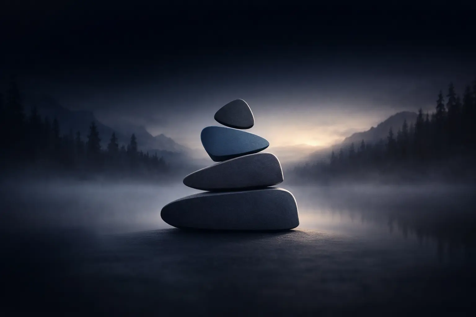 A balanced cairn in the mist, representing structured guidance and clear succession.