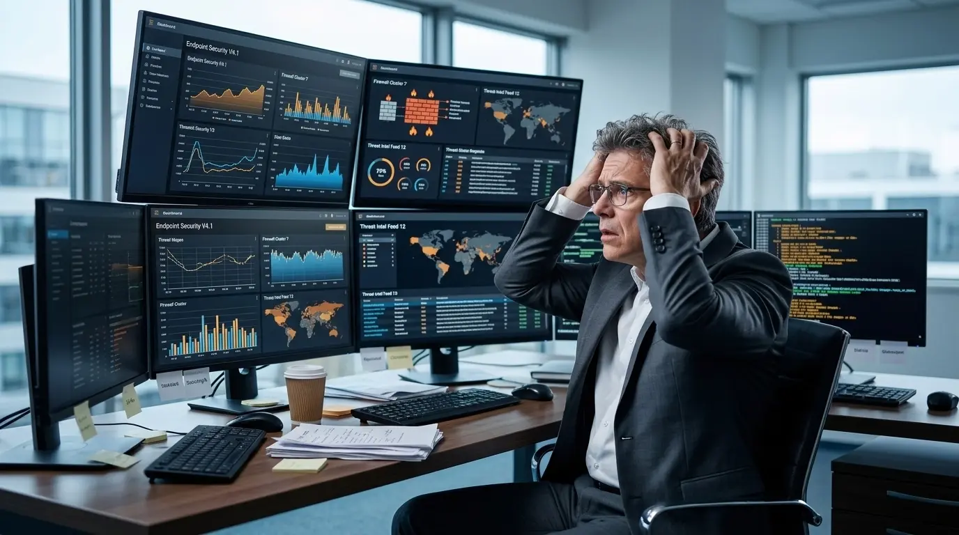 A business owner looking overwhelmed at a desk with multiple monitors displaying complex, overlapping security dashboards, representing the chaos of tooling sprawl.
