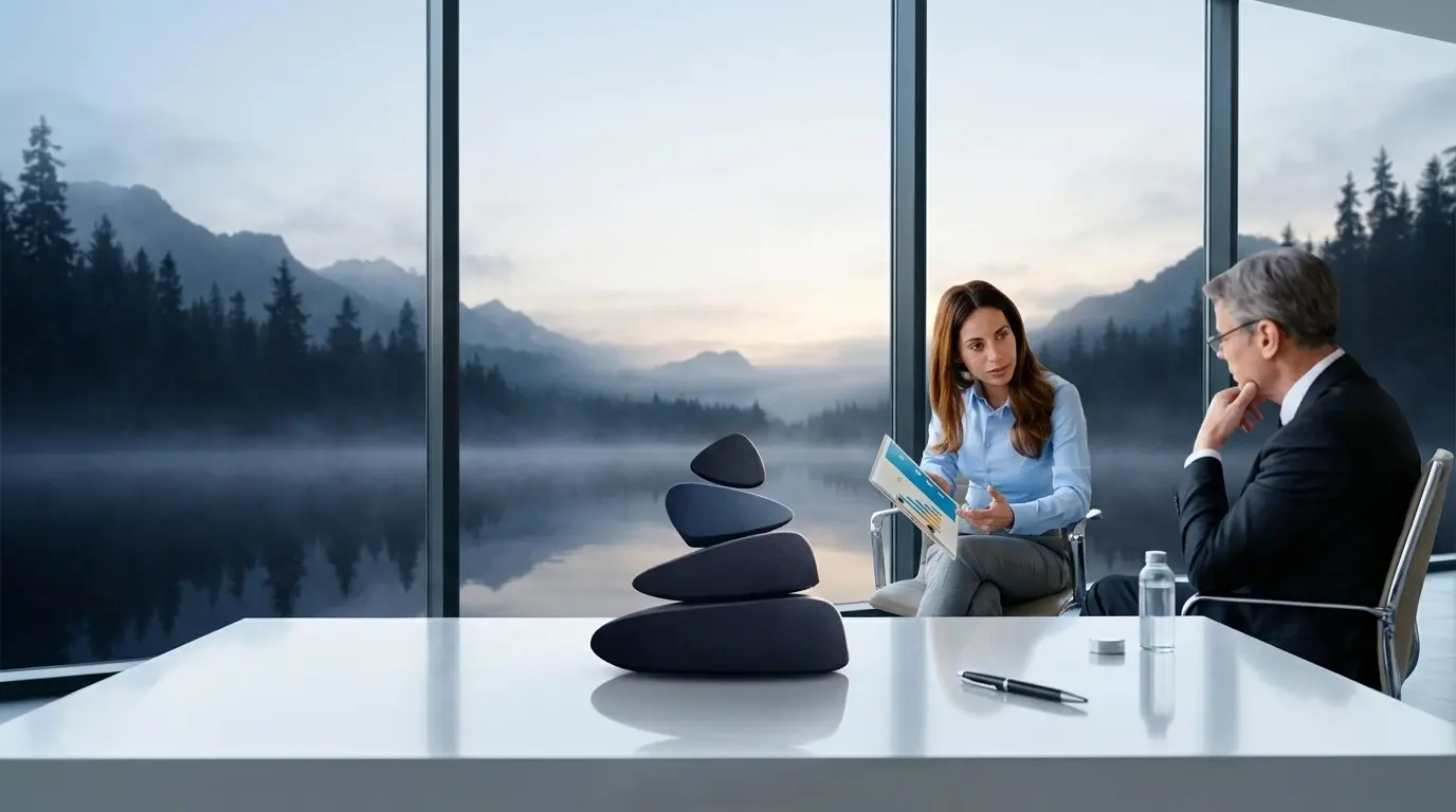 The balanced cairn on a professional desk, symbolizing guidance and business continuity.