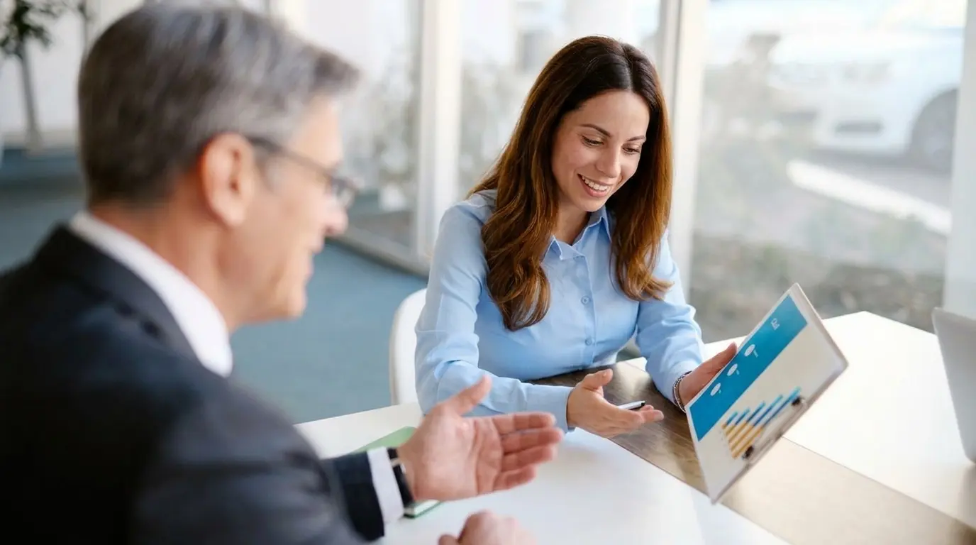 A collaborative and confident meeting between two professionals in a bright, modern office, reflecting the peace of mind that comes with certainty.