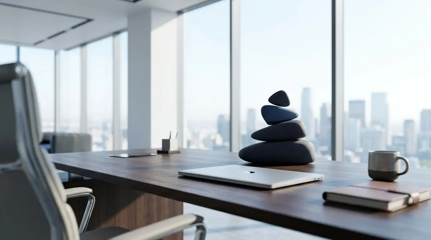 A minimalist, modern executive office featuring a clean desk with a laptop and a small artistic stack of stones, symbolizing clarity and certainty.
