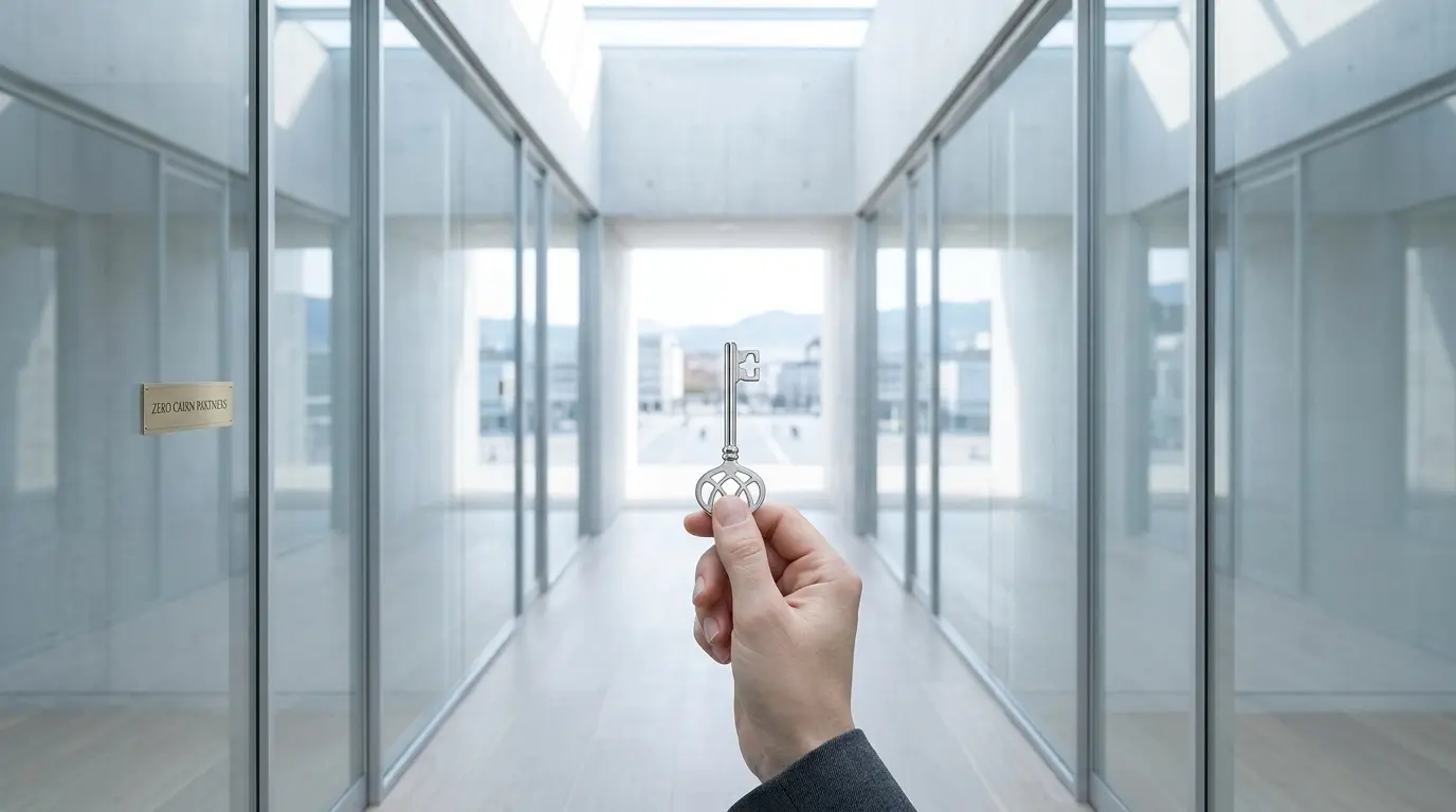 A professional hand holding a single elegant silver key in a bright, modern setting, symbolizing the keys to the kingdom and clear succession.
